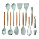 Hot-selling silicone kitchenware 11-piece non-stick cookware with tube set high-grade wooden handle kitchen baking tools multi-color