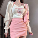 Korean version of the pink series of sweet and spicy wind three-piece suit women's spring new kitten hanging neck vest cardigan high waist skirt