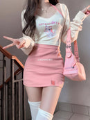 Korean version of the pink series of sweet and spicy wind three-piece suit women's spring new kitten hanging neck vest cardigan high waist skirt