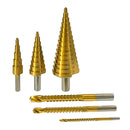 Titanium-plated step drill set triangular handle drill bit 6Pcs pagoda drill carpentry groove sawtooth drill set 4241 high speed steel
