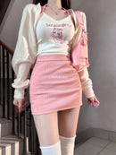 Korean version of the pink series of sweet and spicy wind three-piece suit women's spring new kitten hanging neck vest cardigan high waist skirt