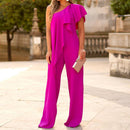 FD1329 Spot 2023 summer new cross-border ladies fashion solid color loose slanted shoulder long jumpsuit