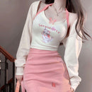 Korean version of the pink series of sweet and spicy wind three-piece suit women's spring new kitten hanging neck vest cardigan high waist skirt