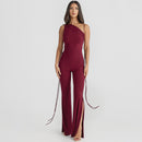 European and American style women's clothing 2024 summer new fashion sexy backless pleated slit slim lace jumpsuit wholesale