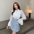 2022 Spring and Autumn New Style tweed coat + pleated high waist skirt + shirt three-piece set