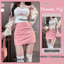 Korean version of the pink series of sweet and spicy wind three-piece suit women's spring new kitten hanging neck vest cardigan high waist skirt