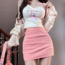 Korean version of the pink series of sweet and spicy wind three-piece suit women's spring new kitten hanging neck vest cardigan high waist skirt