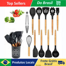 Utensílios De Cozinha Kit C/12 Talheres Cabo Madeira E Pote - Comida Ovo